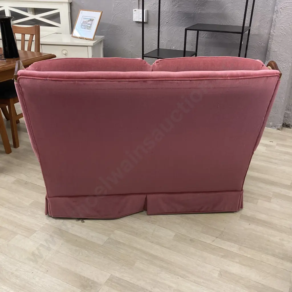 Wingback Mahogany Framed Couch, Rose Colour Draylon Button Backed & Braiding On Arms Image 1++